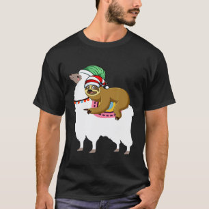 Sloth Riding Llama Elf Hat Alpaca Christmas Pajama T-Shirt