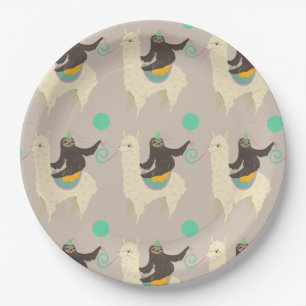 Sloth Riding Llama Grey Birthday Paper Plates