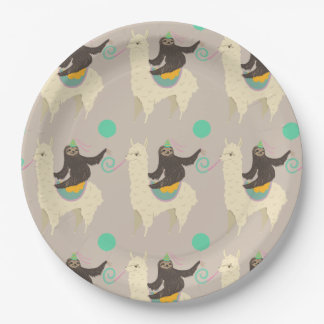 Sloth Riding Llama Grey Birthday Paper Plates