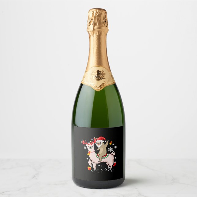 Sloth Riding Llama Santa Reindeer Christmas Gift Sparkling Wine Label (Front)