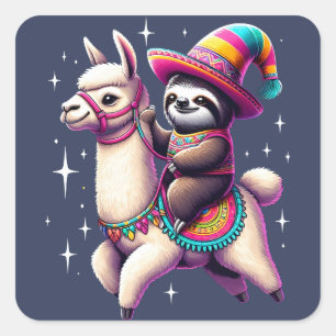 Sloth Riding On Llama Cute Animals Kids Boys Girls Square Sticker