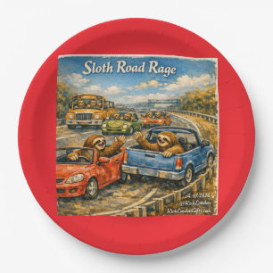 Sloth Road Rage – Rockwell‑Inspired Watercolor Car Paper Plate