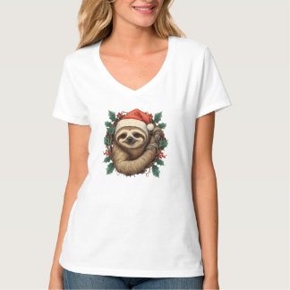 Sloth Santa Claus Christmas Cute Cartoon T-Shirt
