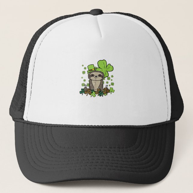 Sloth Shamrock Plaid Leopard St Patricks Day Men W Trucker Hat (Front)