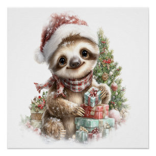 Sloth Shirt Christmas Santa Hat Poster