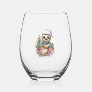 Sloth Shirt Safari Christmas Santa Stemless Wine Glass