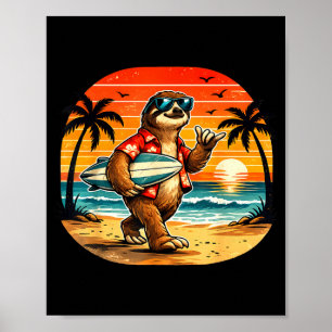Sloth surfboarder hawaii wave surfing beach poster