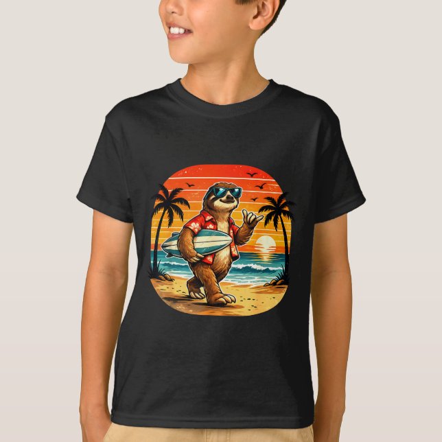 Sloth surfboarder hawaii wave surfing beach T-Shirt (Front)