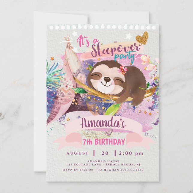 Sloth Teepee Invitation, Sloth Sleepover Invitation (Front)