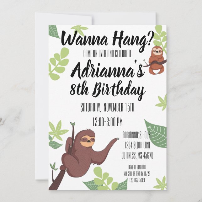 Sloth theme Kid's Birthday Invitation (Front)