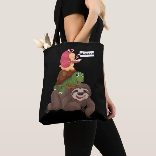 Sloth Turtle Snail Team Piggyback Slow Graphic Tote Bag (Close Up)