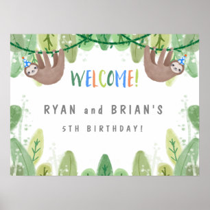 Sloth Twin Birthday Party in Blue Welcome Sign