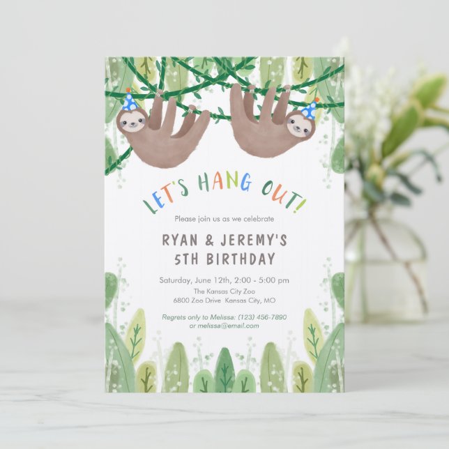 Sloth TWIN BOYS Birthday Party in Blue and White  Invitation (Standing Front)