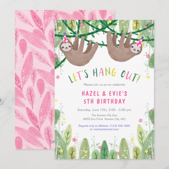 Sloth TWIN GIRL Birthday Party in Pink and White   Invitation (Front/Back)