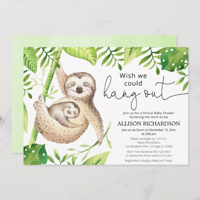 Sloth Virtual baby shower gender neutral cute Invitation (Front/Back)