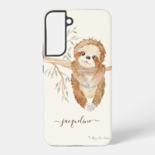 Sloth Watercolor Boho Tree Foliage Script Name Samsung Galaxy Case