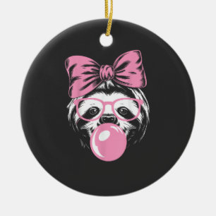 Sloth Wearing Glasses and Blowing Pink Bubble Gum  Ceramic Tree Decoration