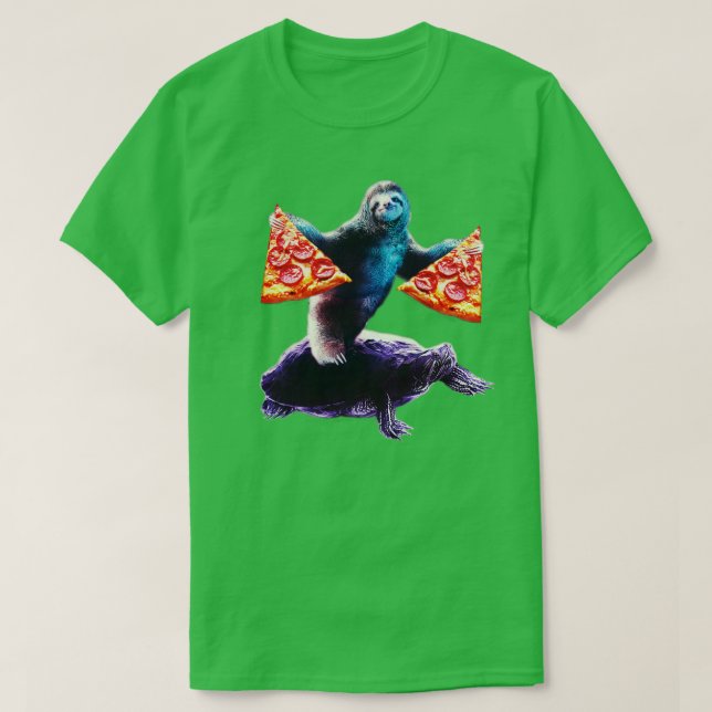 Sloth With 2 Pizza slices Riding Turtle T-Shirt (Design Front)