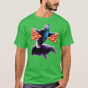 Sloth With 2 Pizza slices Riding Turtle T-Shirt