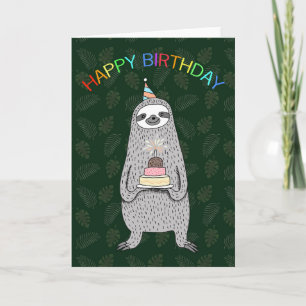 Sloth with a birthday cake & hat Jungle birthday  Card