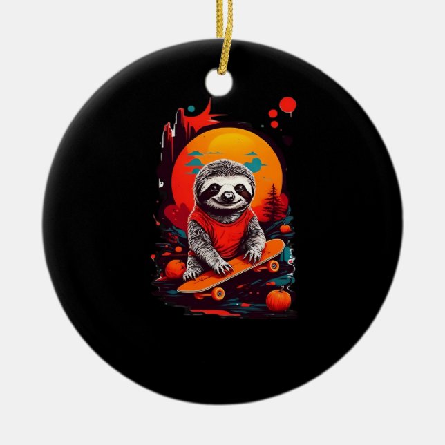 Sloth with skateboard on halloween night Classic T Ceramic Tree Decoration (Front)
