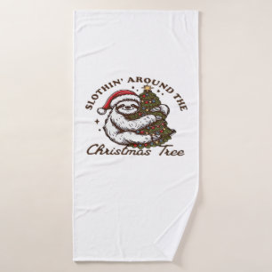Slothin Around the Christmas Tree, Funny Christmas Bath Towel
