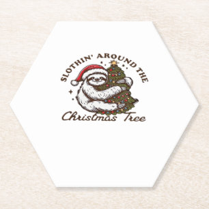 Slothin Around the Christmas Tree, Funny Christmas Paper Coaster