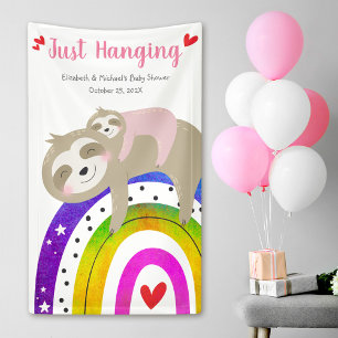Sloths Girl Baby Shower Boho Rainbow Pink Cute Banner
