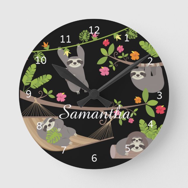 Sloths on Black Custom Personalised Name Round Clock (Front)