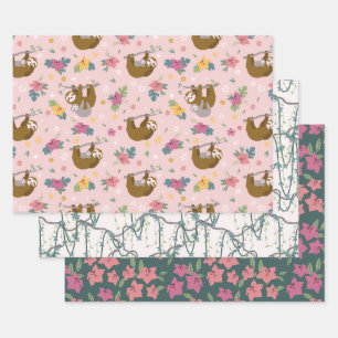 Sloths Tropical Flowers Wrapping Paper Sheet