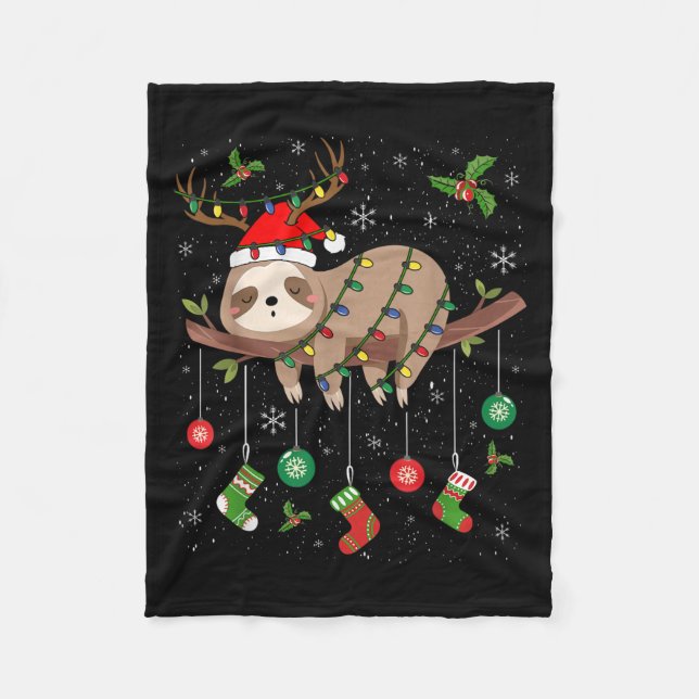 Sloths Xmas Lighting Reindeer Santa Hat Sloth Chri Fleece Blanket (Front)