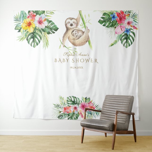 SlothTropical Floral Baby Shower Photo Booth Prop Tapestry (In Situ (Horizontal))