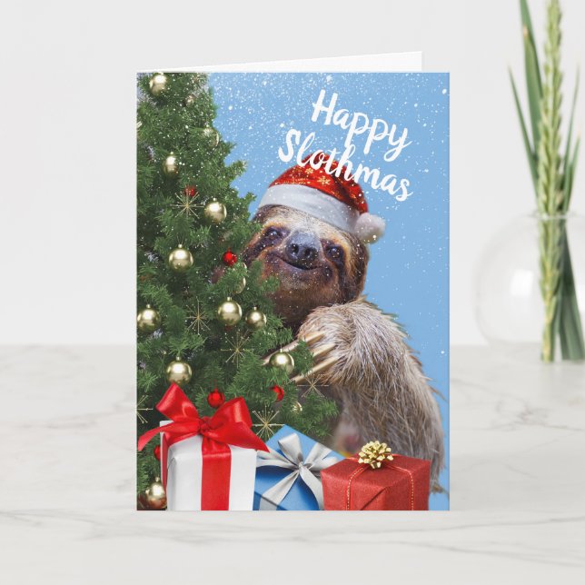 Slothy Christmas Sloth in Santa Hat and Tree Card (Front)