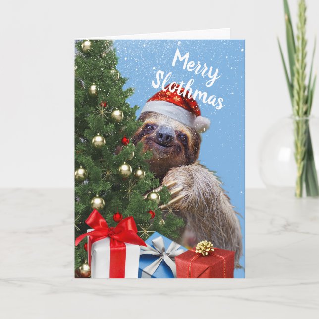 Slothy Christmas Sloth in Santa Hat and Tree Card (Front)