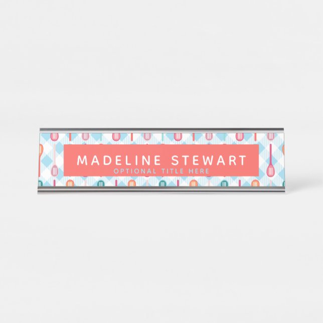 Slotted Spoons and Gingham Whimsical Personalised Desk Name Plate (Front)