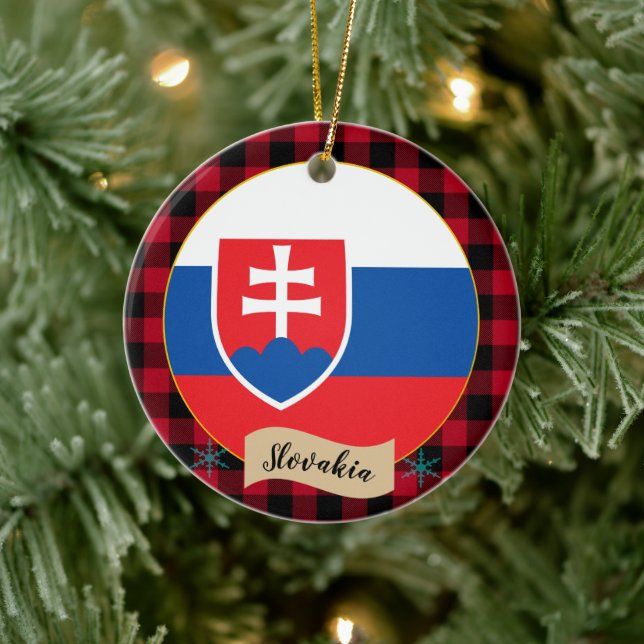 Slovakia, Red buffalo plaid & Slovakia Flag Ceramic Tree Decoration (Tree)