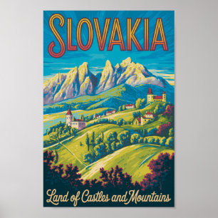 Slovakia Skyline Illustration Travel Art Vintage Poster