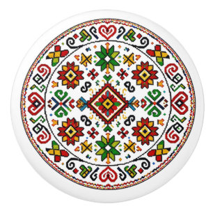Slovakian Čičmany "Stitched" Folk Art Ceramic Knob