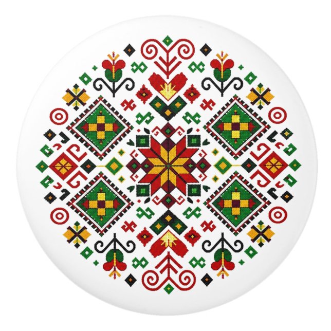 Slovakian Čičmany Stitched Folk Art Ceramic Knob (Front)
