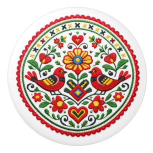 Slovakian Detva Red Birds Folk Art Ceramic Knob