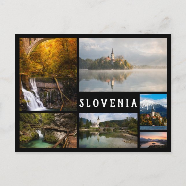 Slovenia and Bled landscapes black frame collage Postcard (Front)