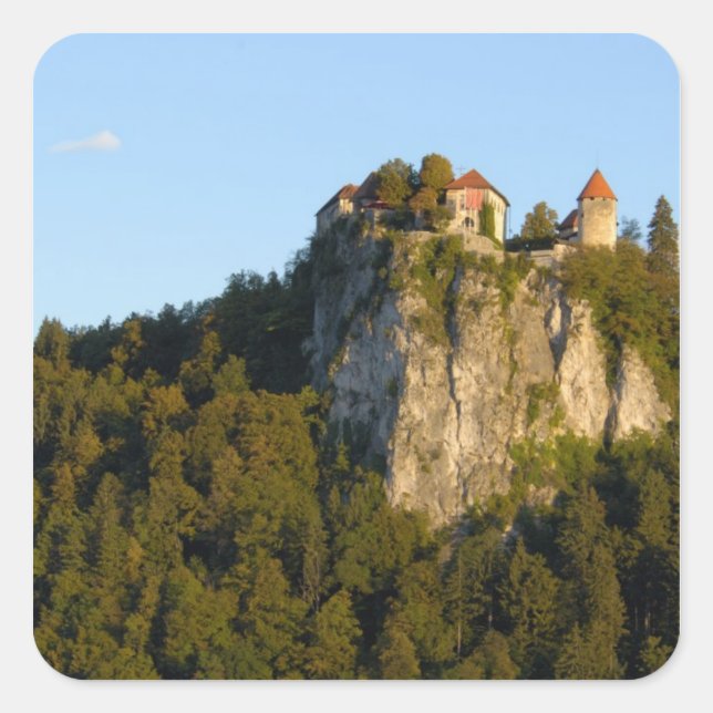 Slovenia, Bled, Lake Bled, Bled Castle on Square Sticker (Front)