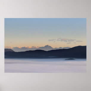Slovenian mountains and morning fog in valley poster