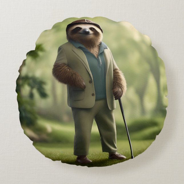 "Slow and Steady: A Sloth Is Dressed for Golf  Round Cushion (Front)