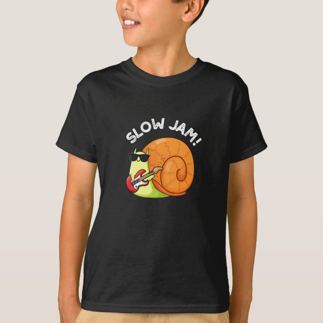 Slow Jam Funny Music Snail Pun Dark BG T-Shirt (Front)