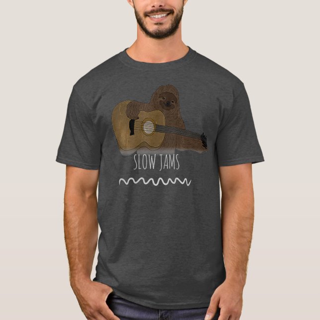 Slow Jams Sloth Playing Guitar Distressed T-Shirt (Front)