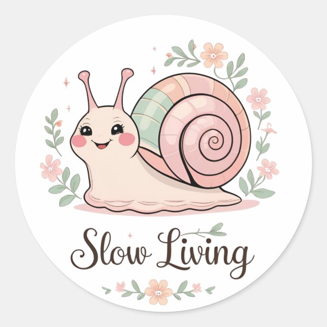 Slow Living | Pastel Snail Floral  Classic Round Sticker (Front)