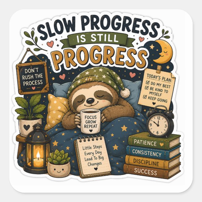 Slow Progress Is Still Progress – Cosy Sloth  Square Sticker (Front)