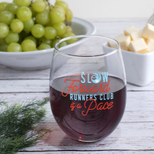 Slow Runners Club Funny Quote Blue Orange Text Stemless Wine Glass