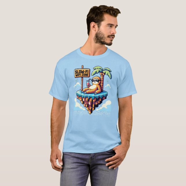 Slow WiFi Zone - Funny Pixel Art Sloth Vacation T-Shirt (Front Full)
